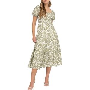 August Sky Olive Green Floral Puff Sleeve Smocked Midi Dress Size Large NWT